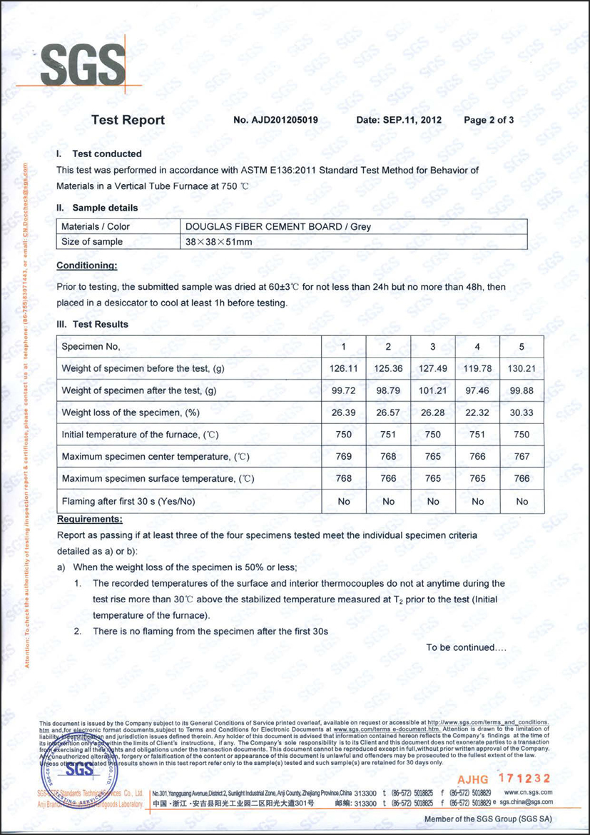 DOUGLAS 2012-09 Kiểm tra CFB (ASTM E136) về hành vi của vật liệu trong lò ống dọc