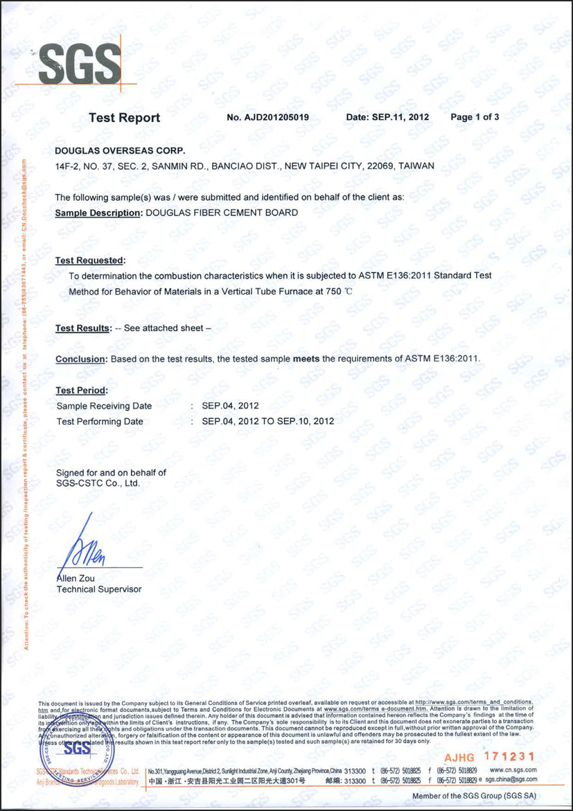 DOUGLAS 2012-09 Kiểm tra CFB (ASTM E136) về hành vi của vật liệu trong lò ống dọc