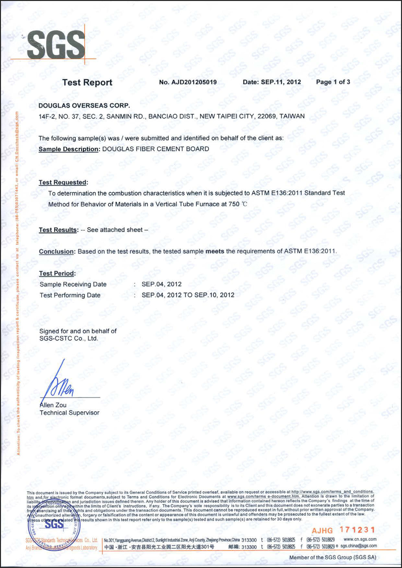 DOUGLAS 2012-09 CFB(ASTM E136) test on behavior of materials in a vertical tube furnace