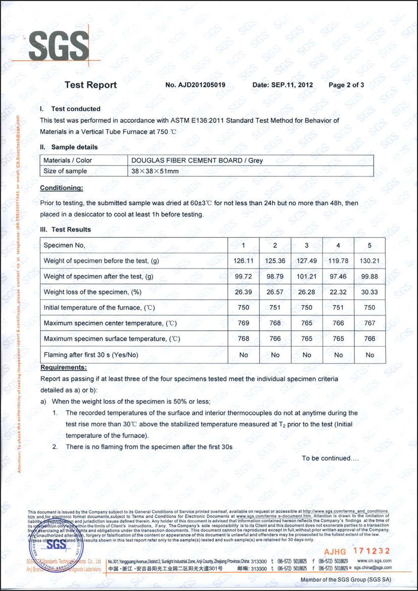 DOUGLAS  2012-09 CFB(ASTM E136) test on behavior of materials in a vertical tube furnace