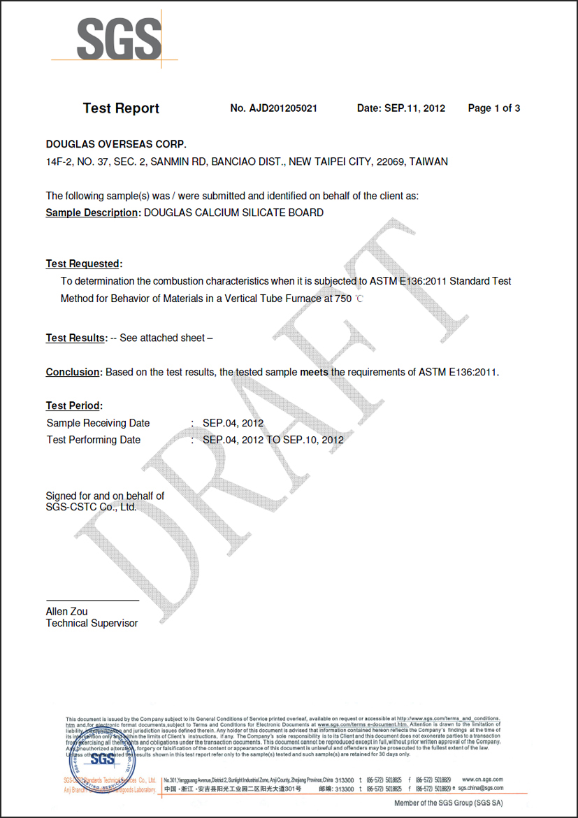 DOUGLAS 2012-09 Prueba CSB (ASTM E136) sobre el comportamiento de materiales en un horno de tubo vertical