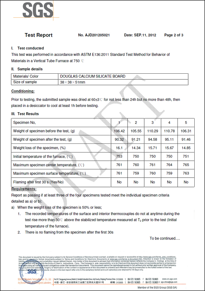 DOUGLAS 2012-09 Kiểm tra CSB (ASTM E136) về hành vi của vật liệu trong lò ống dọc